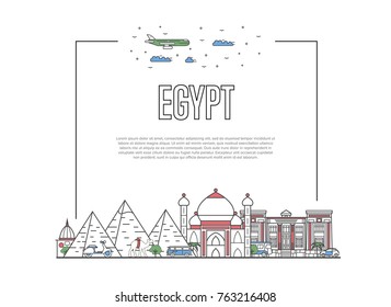 Travel Egypt poster with famous architectural attractions in linear style. Worldwide traveling, time to travel concept. Egyptian landmarks, city skyline, global tourism and journey vector background.