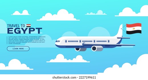 Travel to Egypt poster with flying plane and national flag. Banner for travel agency. Vector illustration.