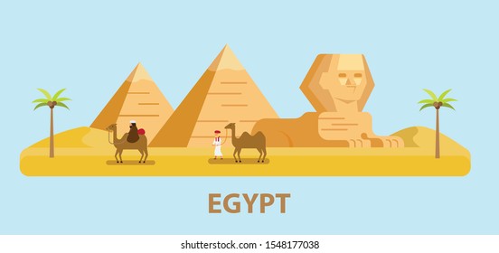 Travel Egypt, pyramid, sphinx and man with camel in flat design illustration vector