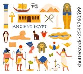 Travel to Egypt set. Ancient culture and architecture monuments stickers, gods Anubis and Horus, scarab beetle and Nile River landscape, Sphinx and mummy of pharaoh cartoon vector illustration