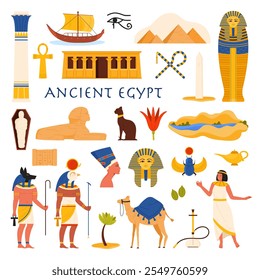 Viaje a Egipto. Pegatinas de monumentos arquitectónicos y de la cultura antigua, dioses Anubis y Horus, escarabajo escarabajo y paisaje del río Nilo, esfinge y momia de faraón Ilustración vectorial de dibujos animados