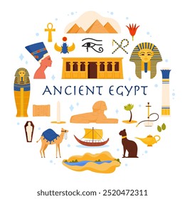 Reisen nach Ägypten Set, alte ägyptische Kulturelemente und Wahrzeichen in runden Infografik Banner. Auge des Horus und Bastet Katze, Nil Fluss Landschaft und Pyramiden von Gizeh Cartoon Vektorgrafik