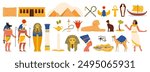 Travel to Egypt set. Egyptian pyramids and sand desert, national culture and ancient civilization symbols of Egypt, history monuments and mummy of pharaoh, beetle cartoon vector illustration