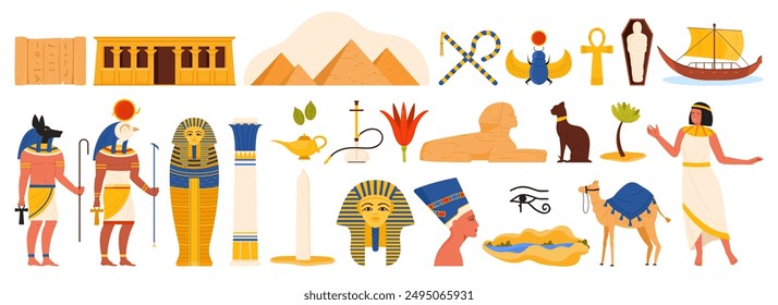 Travel to Egypt set. Egyptian pyramids and sand desert, national culture and ancient civilization symbols of Egypt, history monuments and mummy of pharaoh, beetle cartoon vector illustration