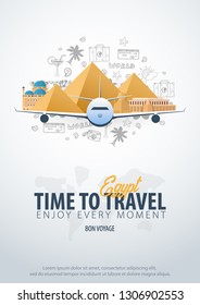 Travel to Egypt. Time to Travel. Banner with airplane and hand-draw doodles on the background. Vector Illustration