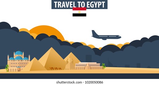 Travel to Egypt. Travel and Tourism banner. Clouds and sun with airplane on the background