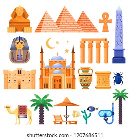 Travel to Egypt vector icons and design elements. Egyptian national symbols and ancient landmarks flat illustration.