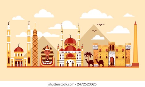 Travel to Egypt web banner with popular tourist landmarks and architectural monuments. Such as old mosque of Cairo, Egyptian pyramids, sphinx, fort and obelisk. Arabian scenic landscape in flat design