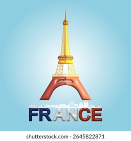 Travel eiffel tower in Paris landmark symbol and icon of France. Beautiful and famous building architecture in europe, Tour Eiffel tower 3d render illustration. Travel landmark of world in French.