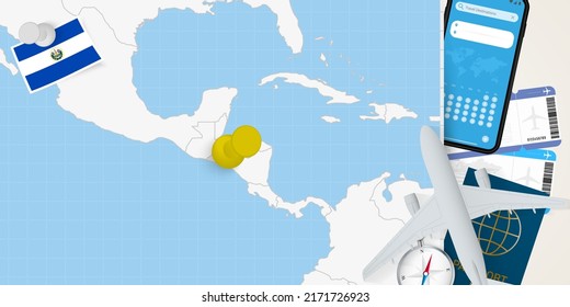 Travel to El Salvador concept, map with pin on map of El Salvador. Vacation preparation map, flag, passport and tickets. Vector illustration in flat design.