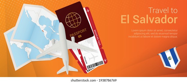 Viaje a la pancarta pop-under de El Salvador. Banner de viaje con pasaporte, boletos, avión, tarjeta de embarque, mapa y bandera de El Salvador. Plantilla de vectores.