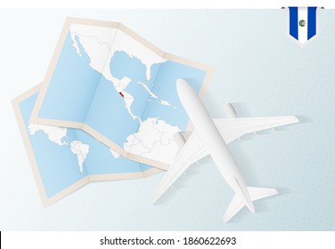 Travel to El Salvador, top view airplane with map and flag of El Salvador. Travel and tourism banner design.
