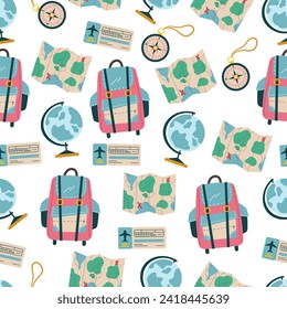 Travel element doodle seamless vacation pattern journey banner poster abstract concept. Vector graphic design illustration