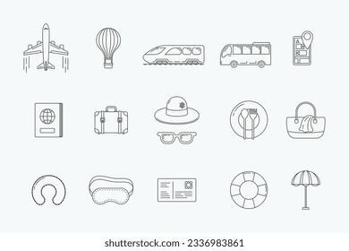 Travel element icons set. summer travelling objects line concept vector.