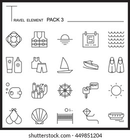 Travel Element Line Icon Set 3.Beach and Sea thin icons.Mono pack.Graphic vector logo set.Pictogram design
