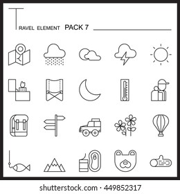 Travel Element Line Icon Set 7.Camping thin icons.Mono pack.Graphic vector logo set.Pictogram design.