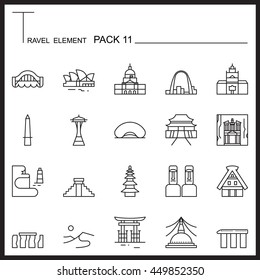 Travel Element Line Icon Set 11.Landmark thin icons.Mono pack.Graphic vector logo set.Pictogram design.