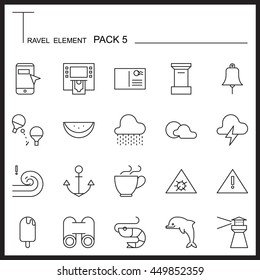 Travel Element Line Icon Set 5.Beach and Sea thin icons.Mono pack.Graphic vector logo set.Pictogram design.