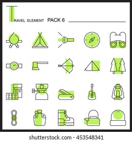 Travel Element Line Icon Set 6.Camping thin icons.Colour pack.Graphic vector logo set.