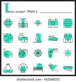 Travel Element Line Icon Set 3.Beach and Sea thin icons.Color pack.Graphic vector logo set.