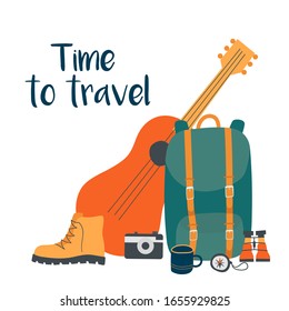 Travel elements: backpack, boots, sweater, jeans, compass, thermos, camera, lighter, glasses, flashlight, binoculars, mugs, guitar. Vector flat cartoon illustration
