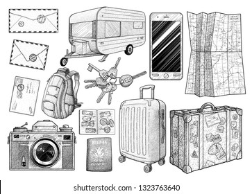 Travel elements collection, illustration, drawing, engraving, ink, line art, vector