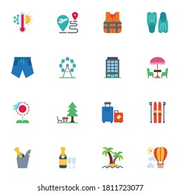 Travel elements collection, summer vacation flat icons set, Colorful symbols pack contains - summer beach, hotel building, baggage, weather thermometer, hiking. Vector illustration. Flat style design