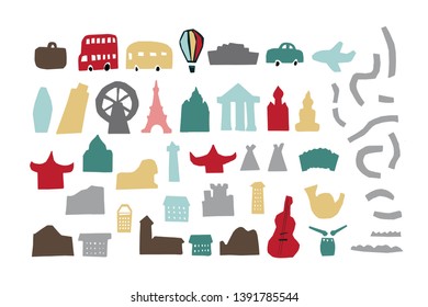 Travel elements constructor set include church, temple, cars, ferris wheel, iconic world architectural objects. Colorful print design for packaging design, brand design, poster, card