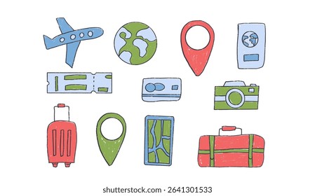 Travel elements crayon drawn set. Suitcase, location map, passport hand drawn grunge textured doodle isolated on white background. Bags, airplane, pass board shapes. Vector illustration by pencil.
