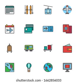 Travel elements, filled outline icons set, line vector symbol collection, linear colorful pictogram pack. Signs, logo illustration, Set includes icons as calendar schedule, passport, flying ticket