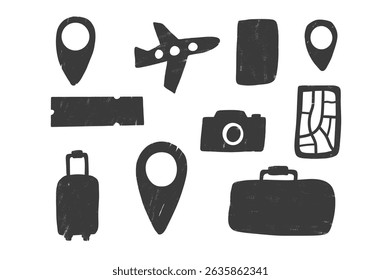 Travel elements hand drawn silhouette drawn set. Suitcase, location map, passport hand drawn grunge textured doodle isolated on white background. Bags, airplane, pass board shapes. Vector illustration