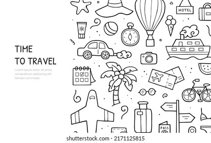 Travel elements in hand drawn style. Horizontal banner template. Vector illustration.