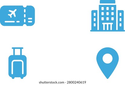 Travel elements including a boarding pass, hotel, suitcase, and location marker on a clean background