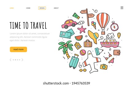 Travel elements. Landing page template. Hand drawn vector color illustration. Doodle sketch style. 