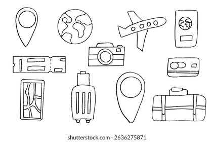 Travel elements marker drawn line set. Suitcase, location map, passport hand drawn doodle isolated on white background. Bags, airplane, pass board shapes. Vector illustration by pencil.
