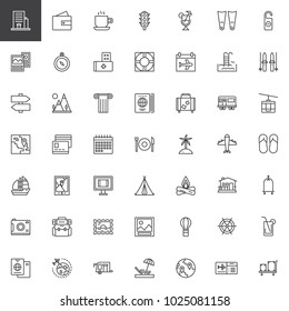 Travel elements outline icons set. Journey linear style symbols collection, line signs pack. vector graphics. Set includes icons as hotel, schedule, travel guide, ticket, passport, beach, camera