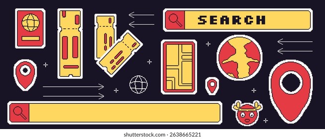 Travel elements pixel art set. 8bit web tourism sticker elements collection. Retro location pin map, globe search bar shapes. Passport, ticket, phone. Vector illustration isolated.