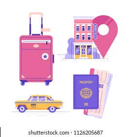 Conjunto de elementos de viaje. Pasaporte y pasajes. Taxi público amarillo. Hotel o albergue. Maleta. Ilustración vectorial.