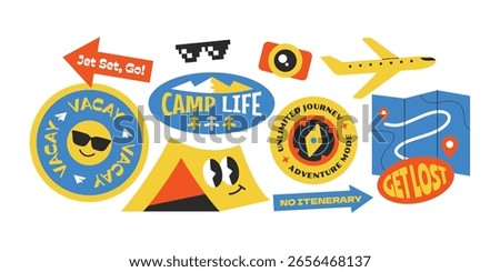 Travel elements stickers collection. Set of trendy camp, hike, campervan vintage travelling sign.