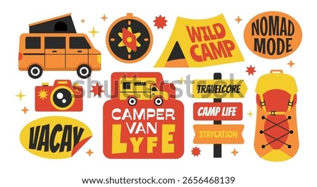 Travel elements stickers collection. Set of trendy camp, hike, campervan vintage travelling sign.