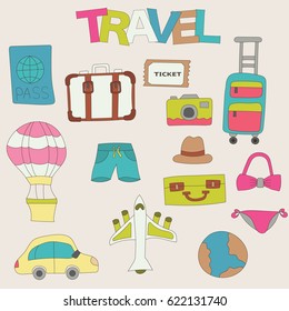 Travel elements stickers set. Hand drawn colorful doodle elements vector illustration.