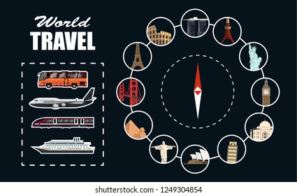 Travel elements. Transport and compass with cities and countries. Train, plane, cruise ship and bus.travel banner vector illustration.