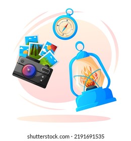 Travel elements vector cartoon illustration. Kerosene lamp, compass and photo camera flat lay concept.