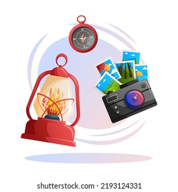 Travel elements vector cartoon illustration. Kerosene lamp, compass and photo camera flat lay concept.