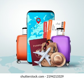 Travel elements vector concept design. Travelers luggage, phone, passport and mobile phone for international vacation trip. Vector Illustration.   