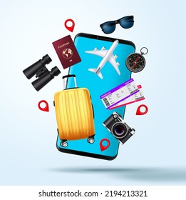 Travel elements vector design. Traveler element like mobile phone, luggage, passport, plane ticket and camera for holiday vacation. Vector Illustration. 