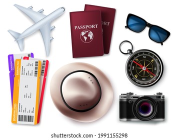 Travel elements vector set design. Travel and tour 3d object element isolated in white background for traveler items collection. Vector illustration.