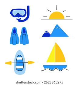 Travel elements with yacht, sun, mountains.