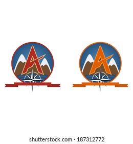 Travel emblem with ribbon, the wind rose, the mountains on a white background