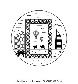 Travel Emirates circle icon with cultural landmarks and cityscape of Dubai. Famous landmark of UAE. Arabic city skyline in line art.